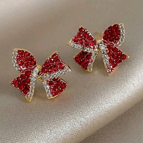 Red Bow Zircon Crystal Stud Earrings - Picture 2 of 6